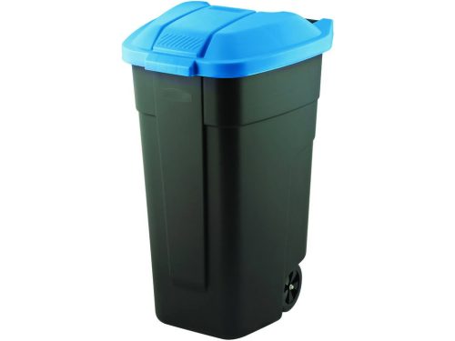 Görgős műanyag kerti szemetes 110 L fekete - kék tetővel