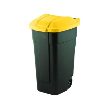   Görgős műanyag kerti szemetes 110 L fekete - sárga tetővel