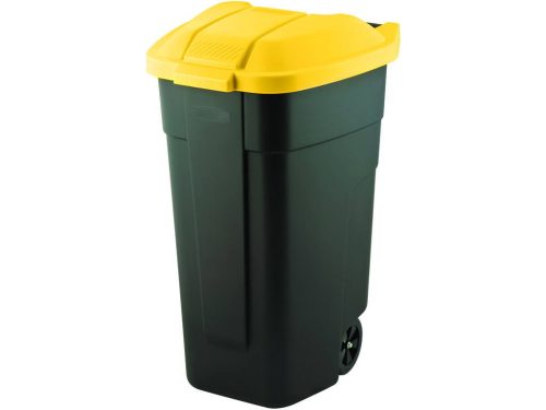 Görgős műanyag kerti szemetes 110 L fekete - sárga tetővel