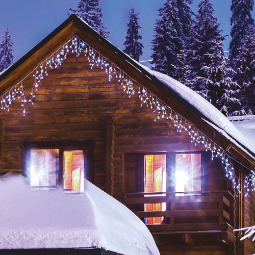 Kültéri toldható jégszikrázó jégcsapfüzér, hideg fehér, 2 x 0,9 m, 138 LED, fehér gumikábel