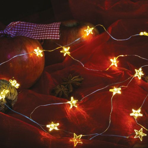 Tündérfény csillaggal, meleg fehér, ezüst színű rézkábel, 20 LED, 2 m