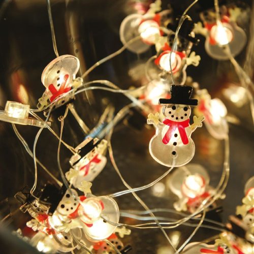 Tündérfény hóemberrel, meleg fehér, ezüst színű rézkábel, 20 LED, 2 m