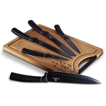   Berlinger Haus késkészlet bambusz vágódeszkával, rose gold-fekete, 6 részes, Black Rose Collection