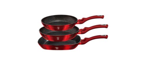 Berlinger Haus Metallic Burgundy Line 3 részes serpenyőkészlet márvány bevonattal, grill serpenyővel