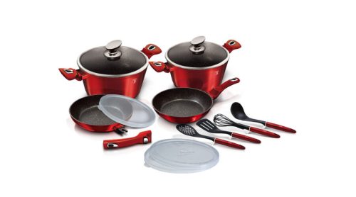 Berlinger Haus Metallic Burgundy Line 10+3 részes edénykészlet márvány bevonattal, kiszedőkkel, burg