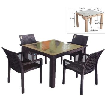   Bahar rattan hatású műanyag kerti asztal barna, üveglappal