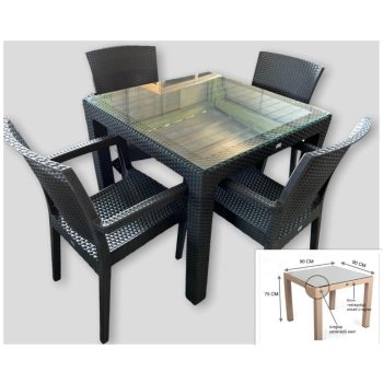   Bahar rattan hatású műanyag kerti asztal antracit szürke, üveglappal