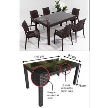   Bojta rattan hatású műanyag kerti asztal barna, üveglappal