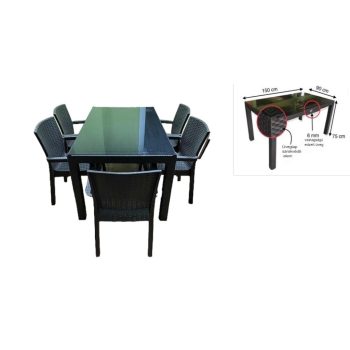   Bojta rattan hatású műanyag kerti asztal antracit szürke, üveglappal