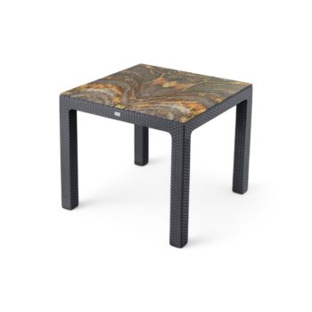   Műanyag rattan hatású antracit szürke kerti asztal színes üveglappal