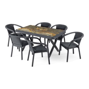   Bamboo műanyag rattan hatású kerti üveglapos asztal antracit szürke