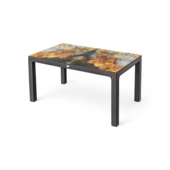   Műanyag rattan hatású kerti asztal barna színes üveglappal