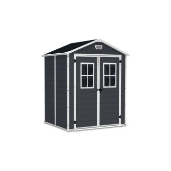   Manor 6x5 DD műanyag kerti tároló ház sötét szürke - fehér ablakokkal