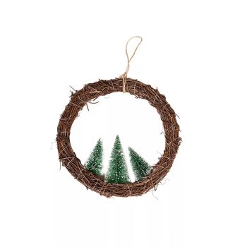   Rattan ablakdísz fenyőfákkal, 30 cm, 30 LED, meleg fehér, elemes