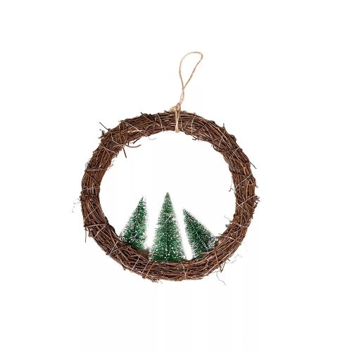 Rattan ablakdísz fenyőfákkal, 30 cm, 30 LED, meleg fehér, elemes