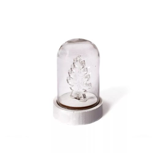 Fenyőfa üveg asztaldísz, 9 cm, meleg fehér, elemes