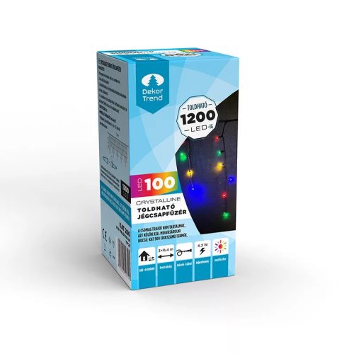 Crystalline toldható LED jégcsapfüzér, 300 x 40 cm, 100 db MULTI LED-del, fekete kábellel, Kül- és beltéri