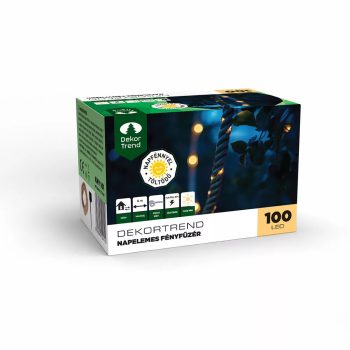  Napelemes LED kötél fényfüzér, 100 led, meleg fehér, 8m