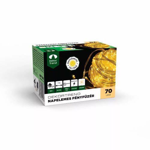 Napelemes fényfüzér, 70 LED, meleg fehér, csíptetővel