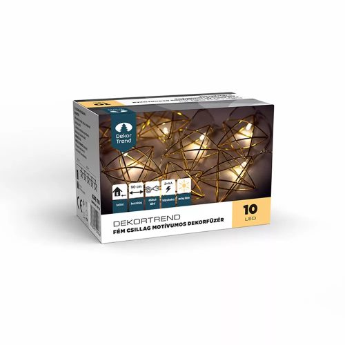 Fém csillag motívumos dekorfüzér, 10 led, elemes